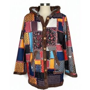 Boho Patchwork Hooded Jacket Faux Fur Lined Button Front Pockets Cozy Casual